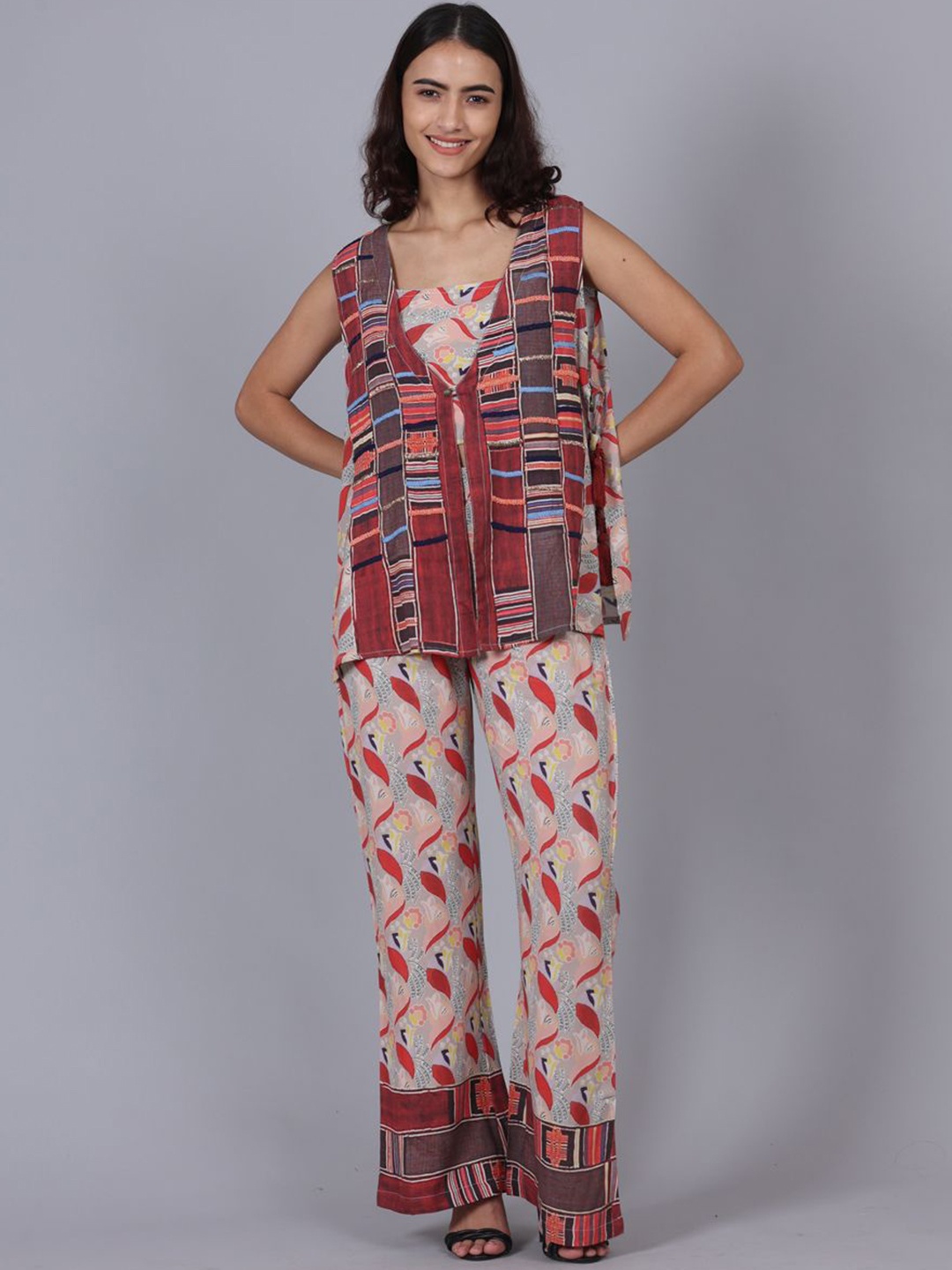 

POPPIES LANE Printed Top & Shrug With Trousers Co-Ords Set, Red