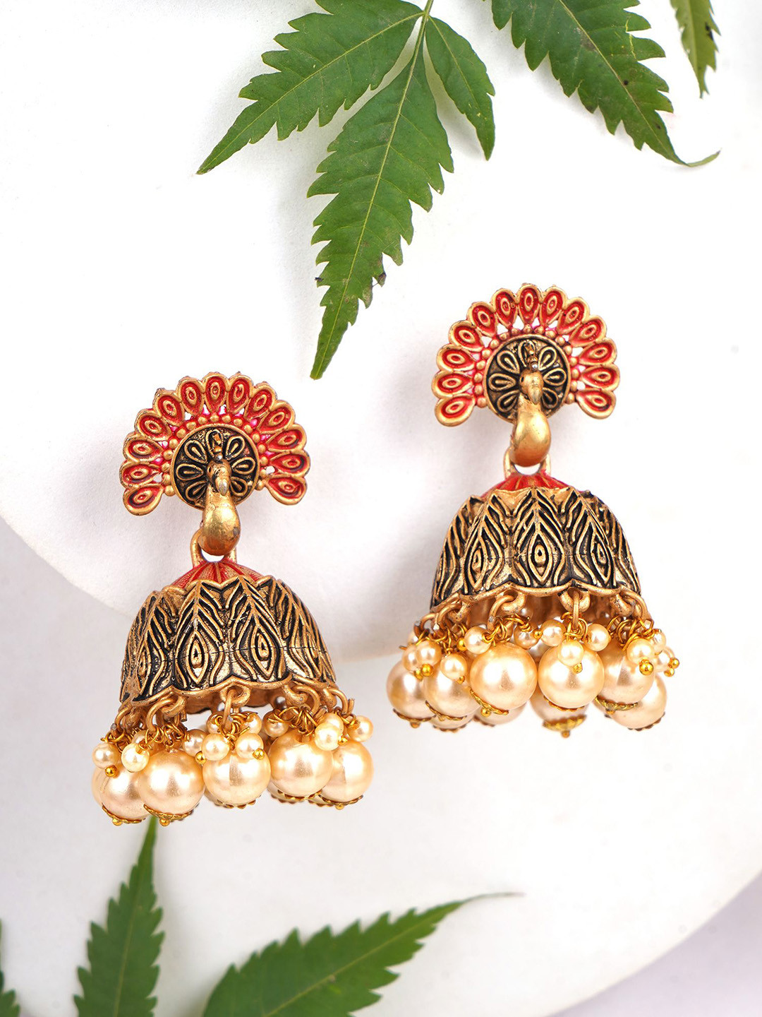

Adwitiya Collection Gold Plated Artificial Beads Beaded Dome Shaped Jhumkas, Red
