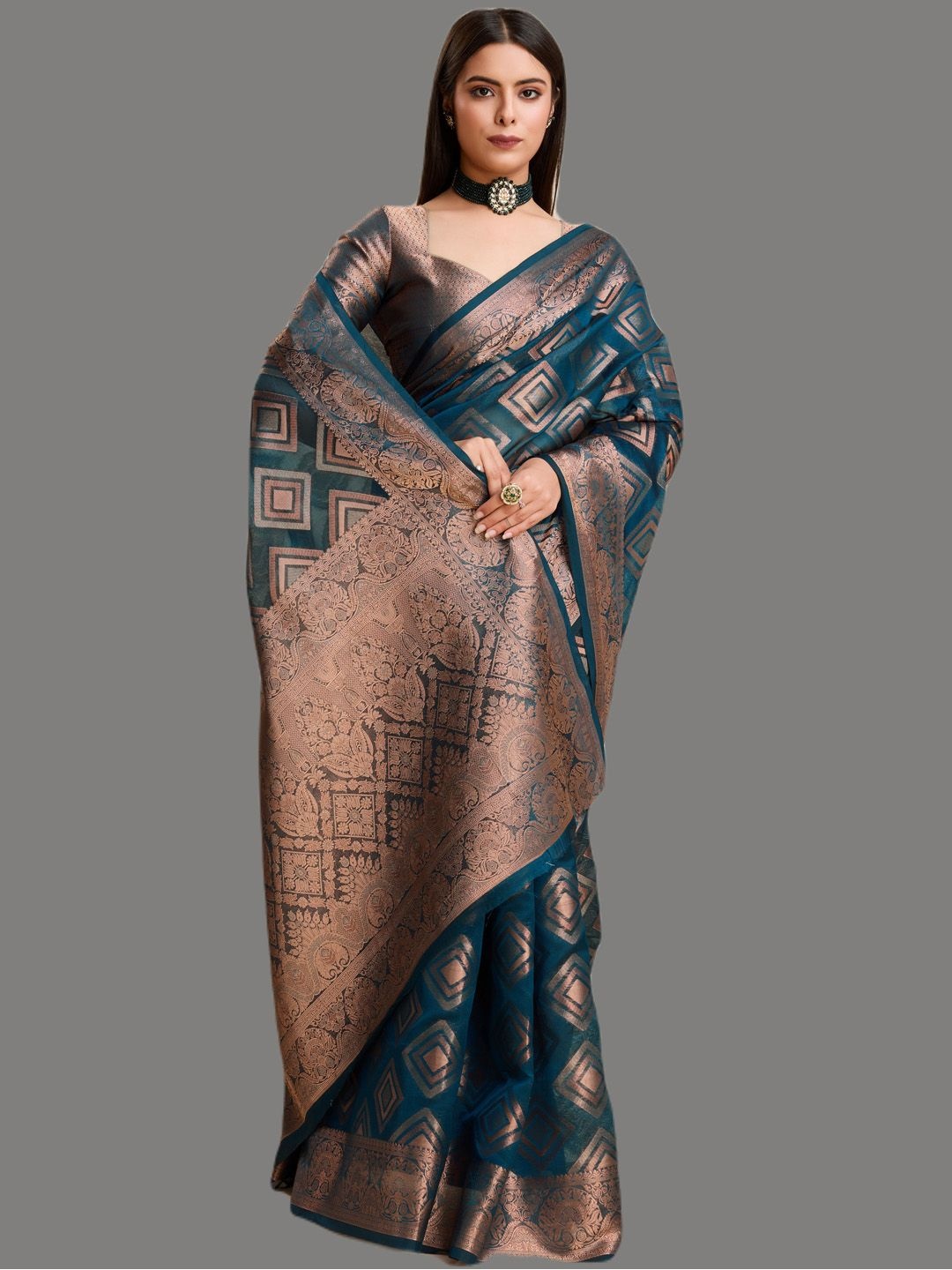 

SILKWEAR Checked Organza Banarasi Saree, Teal