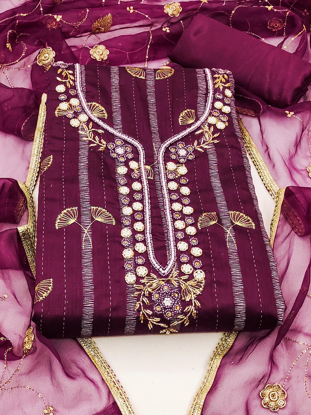 

SAINOOR Floral Woven Design Beads and Stones Unstitched Dress Material, Purple