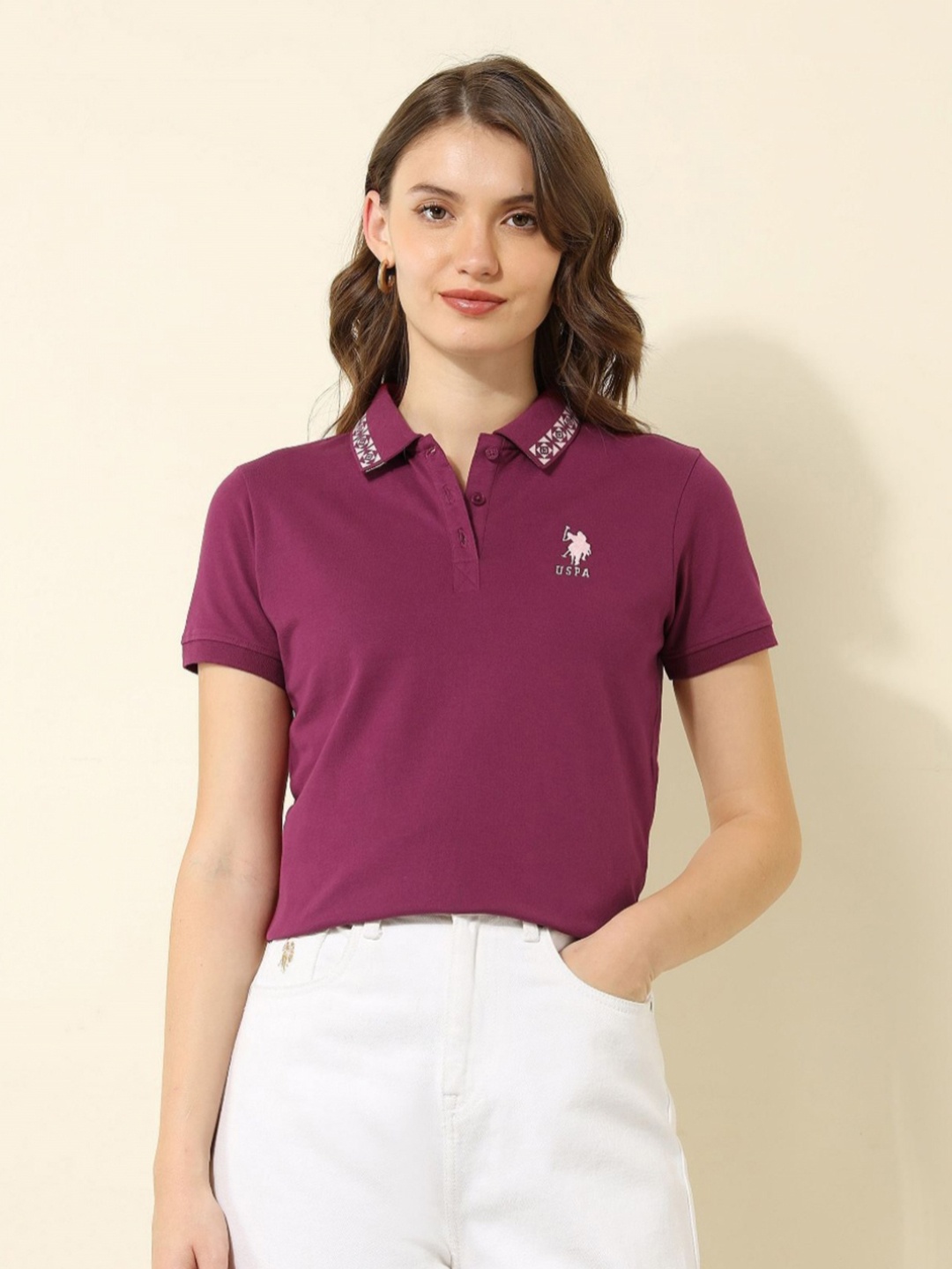 

U.S. Polo Assn. Women Solid Polo Collar Cotton T-shirt, Burgundy