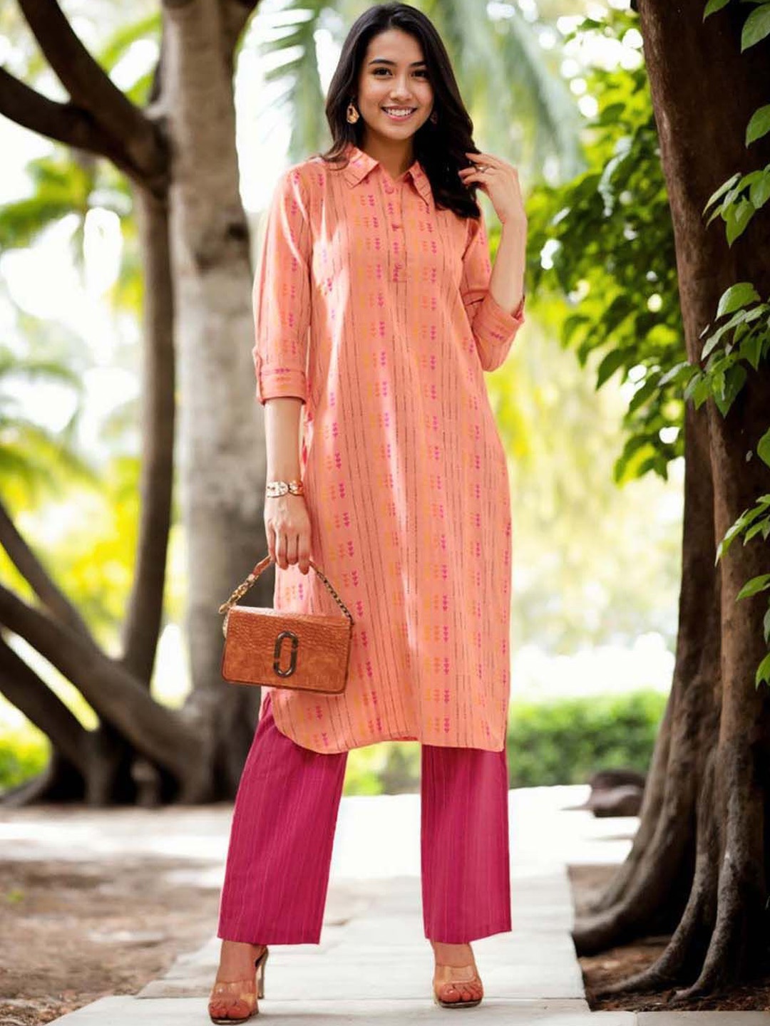 

Anouk Floral Woven Design Shirt Collar Tunic With Trousers, Peach