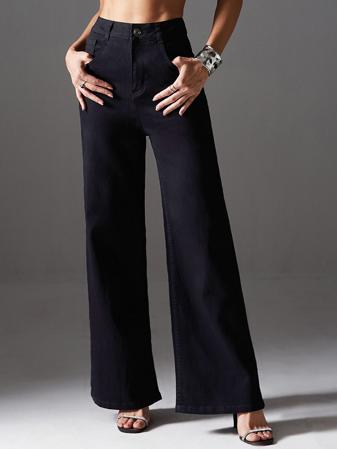 

Miss Chase Women Wide Leg High-Rise Heavy Fade Stretchable Jeans, Black
