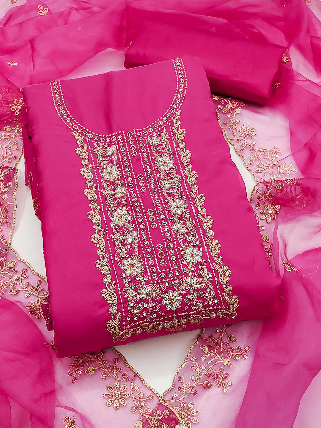 

SAINOOR Floral Embroidered Sequinned Organza Semi-Stitched Dress Material, Pink