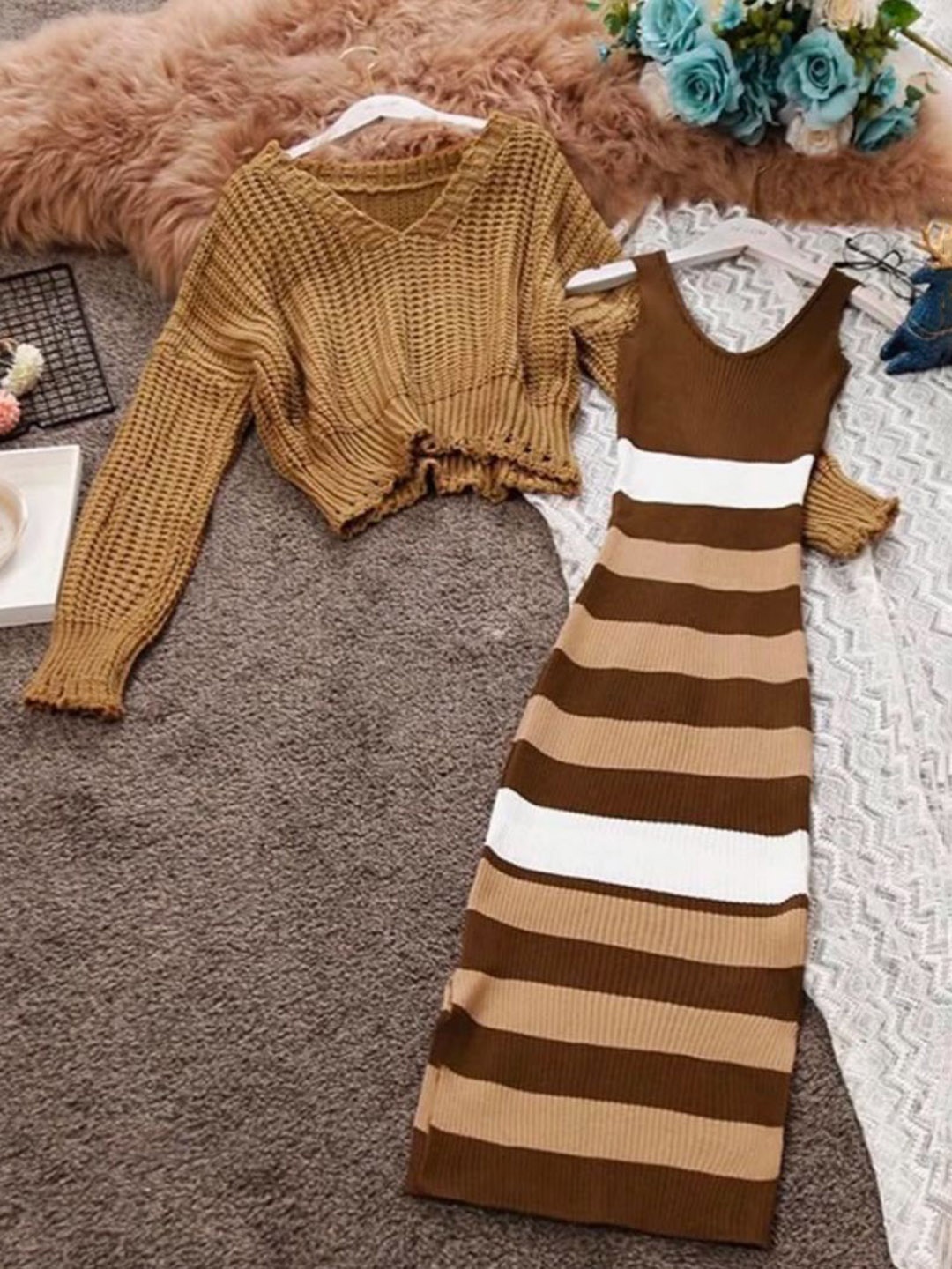 

MADE FOR HER LABEL Striped Bodycon Midi Dress With Rugged Sweater, Brown