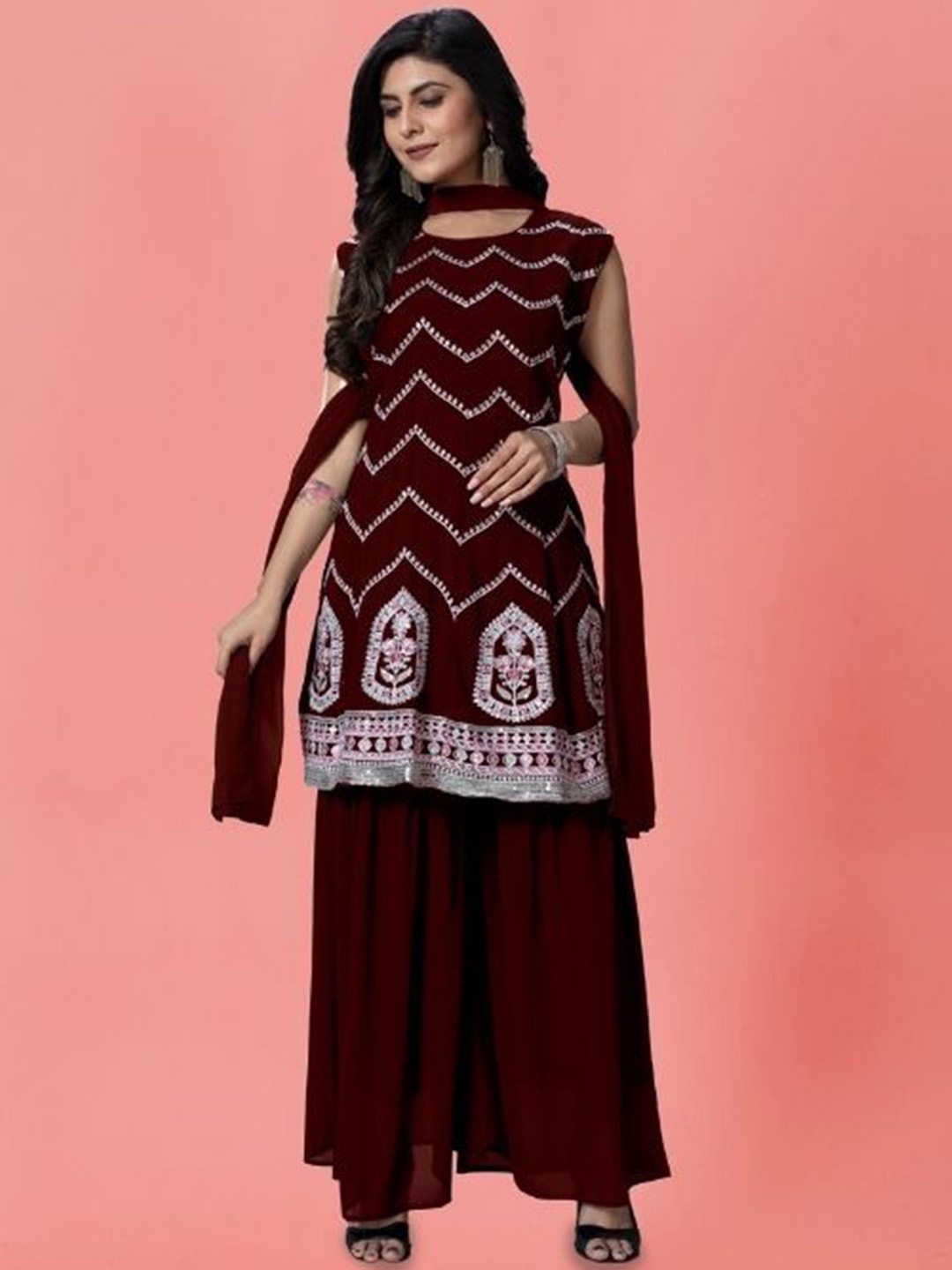 

PARROT CREATION Chevron Embroidered Georgette A-Line Kurti With Palazzo And Dupatta, Maroon