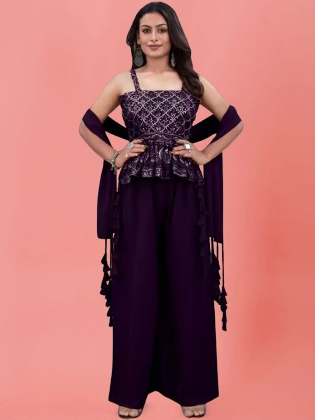 

PARROT CREATION Embroidered Sequinned Top With Palazzos And Dupatta, Purple