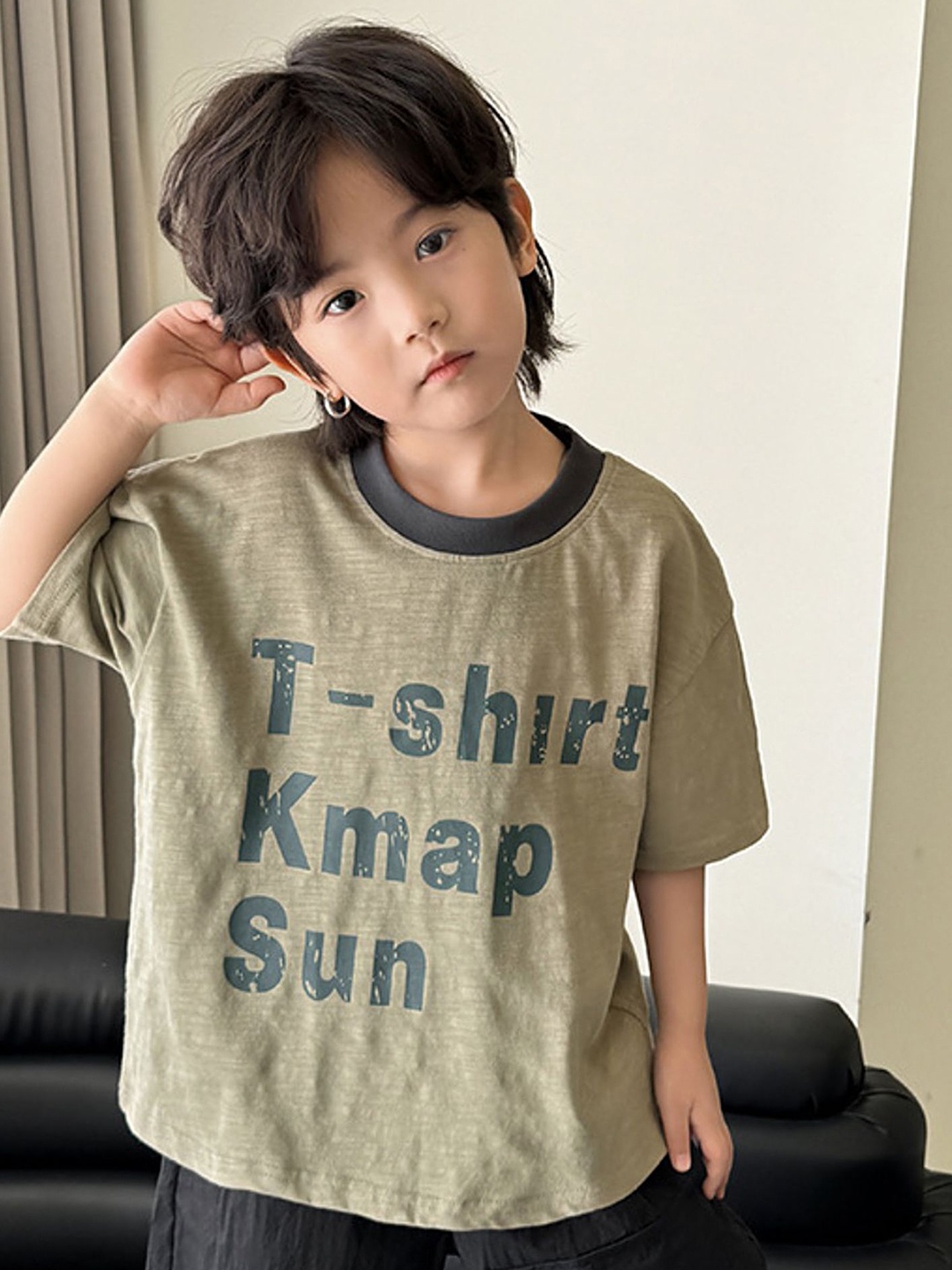 

LULU & SKY Boys Typography Printed Round Neck Cotton T-shirt, Olive