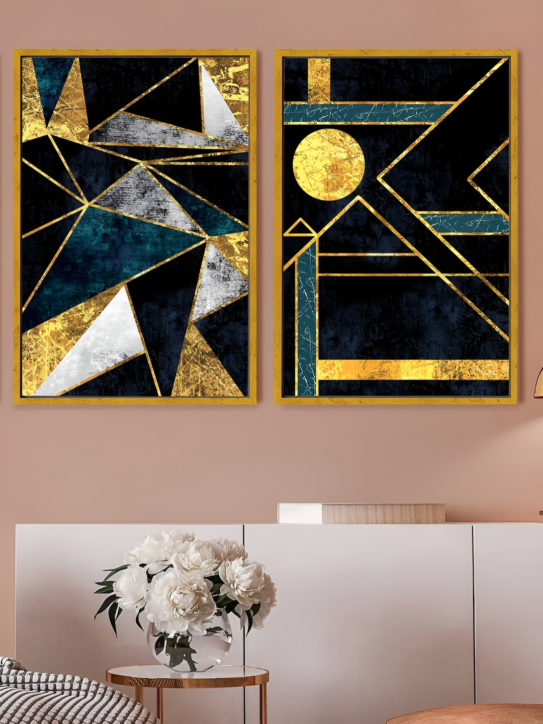 

Myntra Elegant Homes Gold-Toned And Blue 2 Pieces Canvas Abstract Wall Paintings