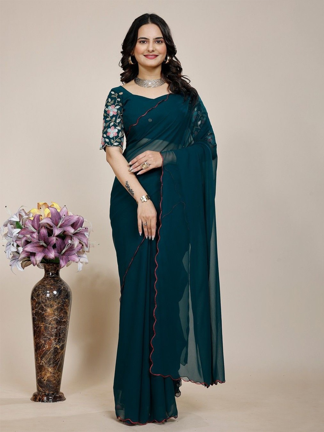 

K 5 Fashion Embroidered Pure Georgette Saree, Green