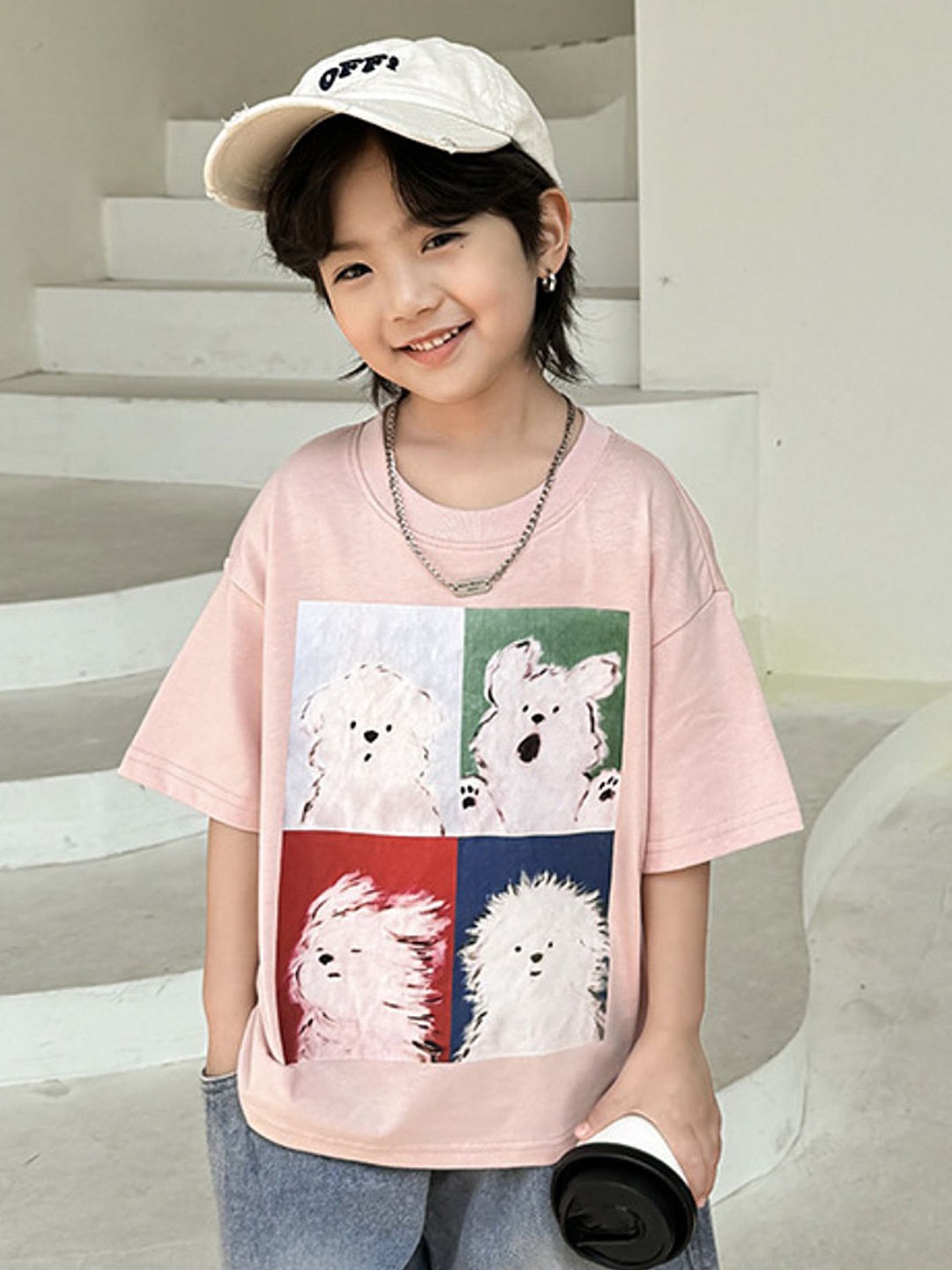 

LULU & SKY Boys Graphic Printed V-Neck Cotton Oversized T-shirt, Pink