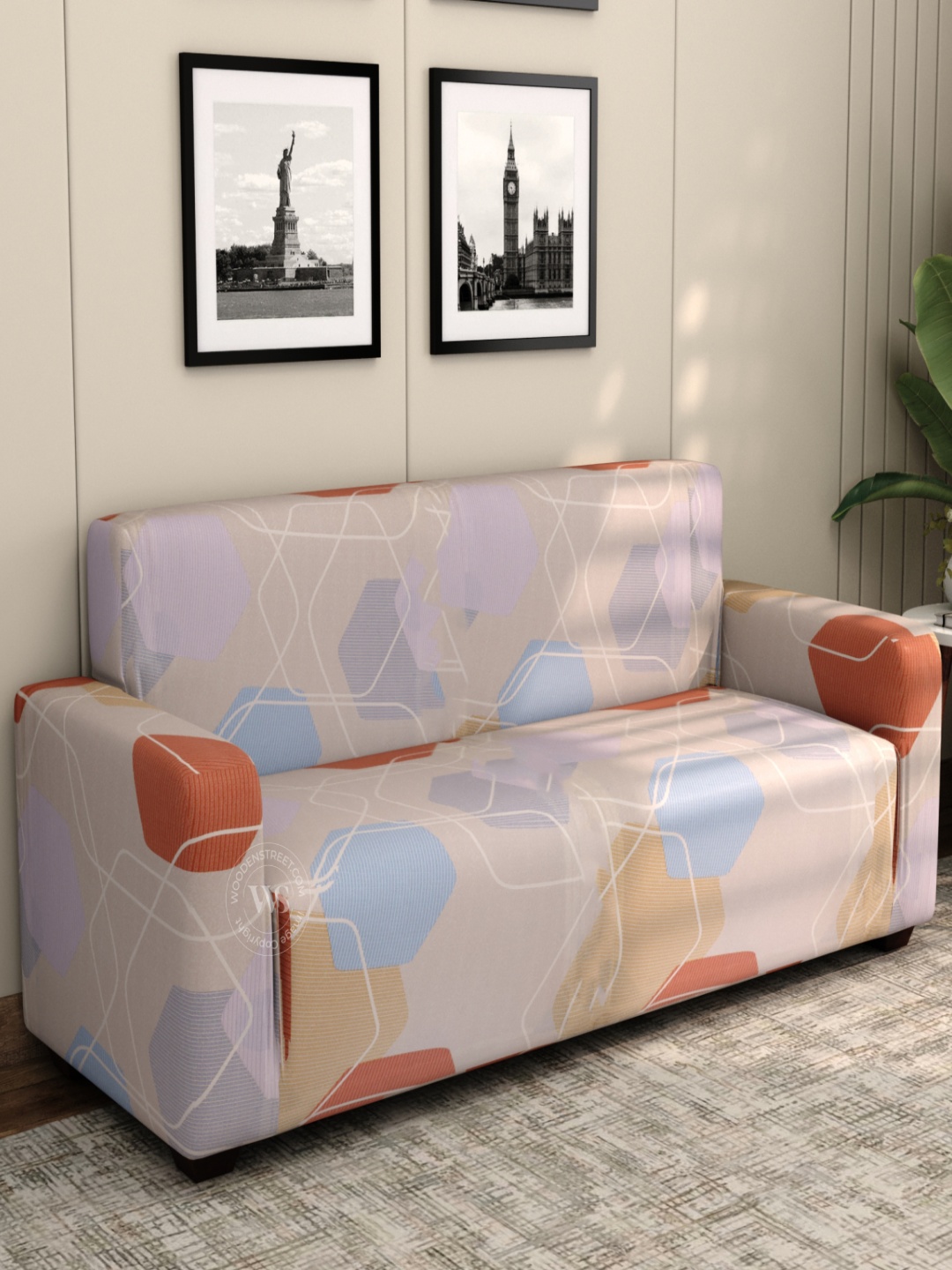 

WOODEN STREET Agnus Purple & Blue Printed 3 Seater Sofa Cover