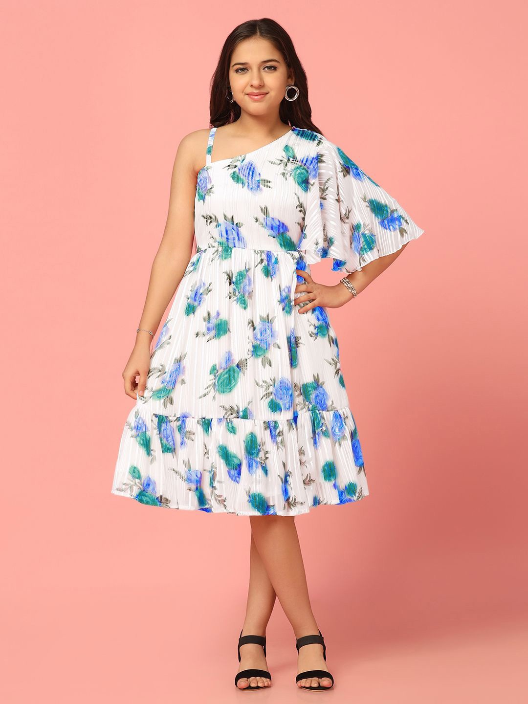 

YK Floral Print One Shoulder Flared Sleeve Georgette Fit & Flare Dress, White