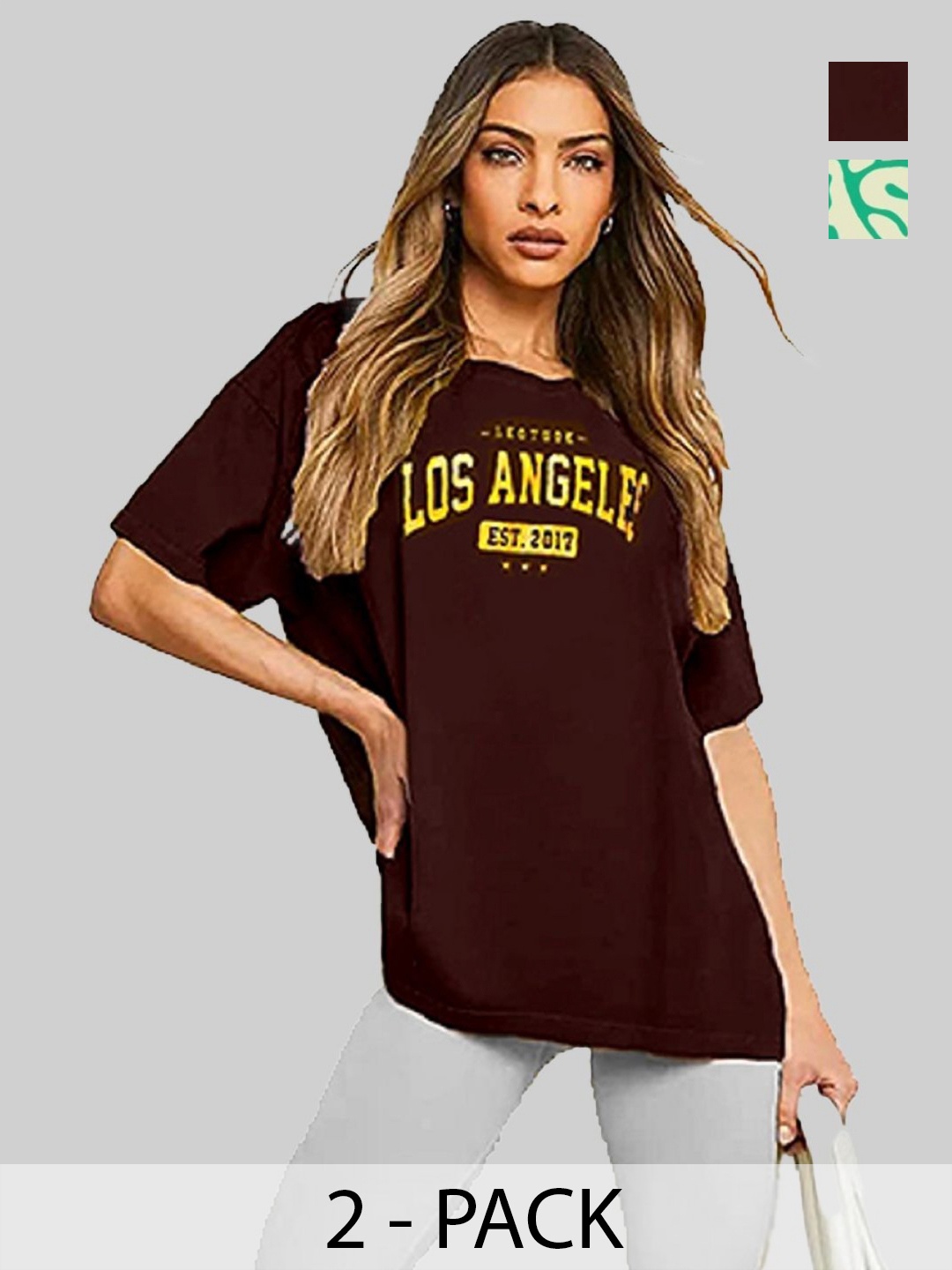 

Leotude Women Pack Of 2 Graphic Printed Round Neck Cotton Oversized T-shirts, Burgundy