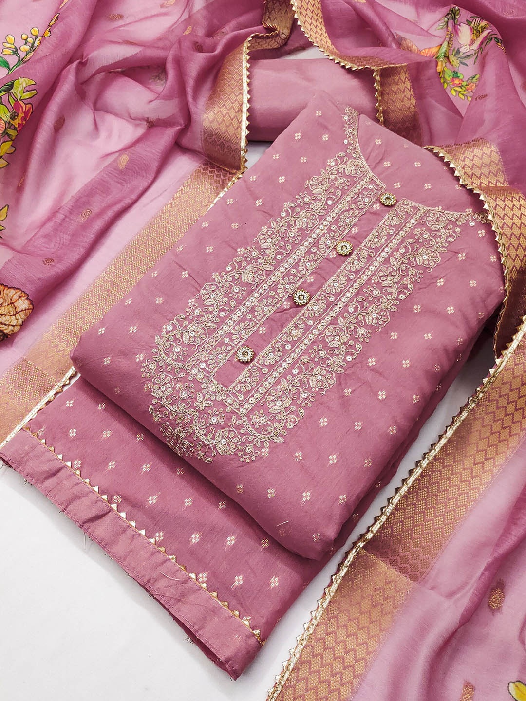 

Riti Ethnic Motifs Zari Embellished Unstitched Dress Material, Peach