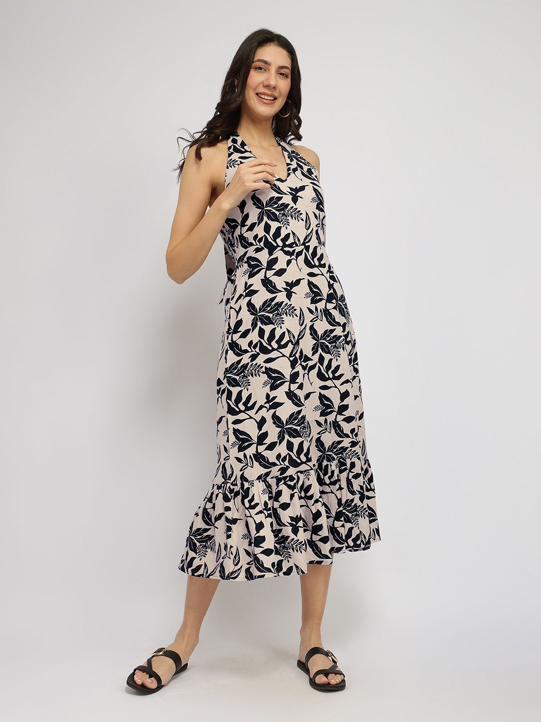 

FableStreet Cotton Blend Black Halter Midi Dress