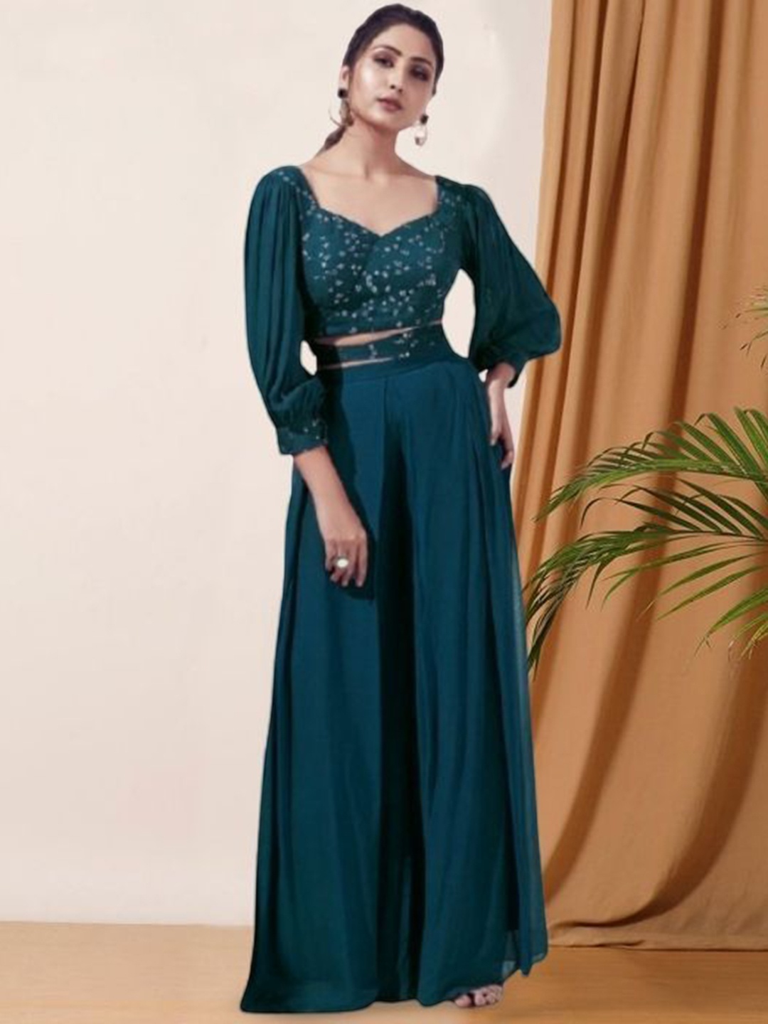 

PARROT CREATION Floral Embroidered Poly Georgette V-Neck Crop Top With Palazzos, Teal
