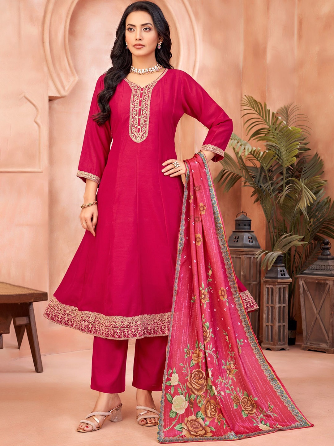 

FABZOO Floral Embroidered V-Neck Sequined Work Anarkali Kurta With Trouser And Dupatta, Pink