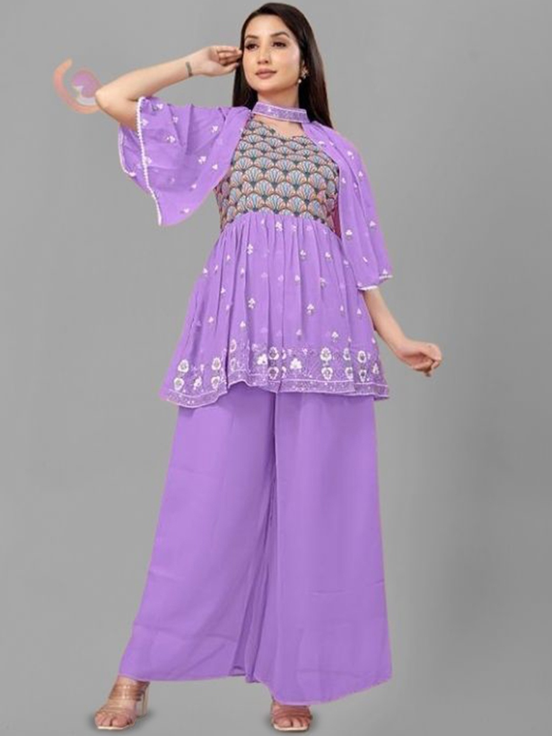 

PARROT CREATION V-Neck Floral Embroidered Sequinned Georgette Kurti With Palazzos & Cape, Lavender