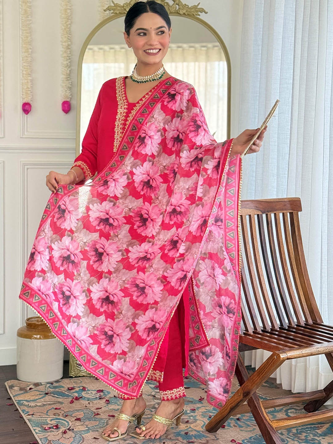 

NKV Floral Yoke Design V-Neck Zari Straight Kurta With Trousers & Dupatta, Pink