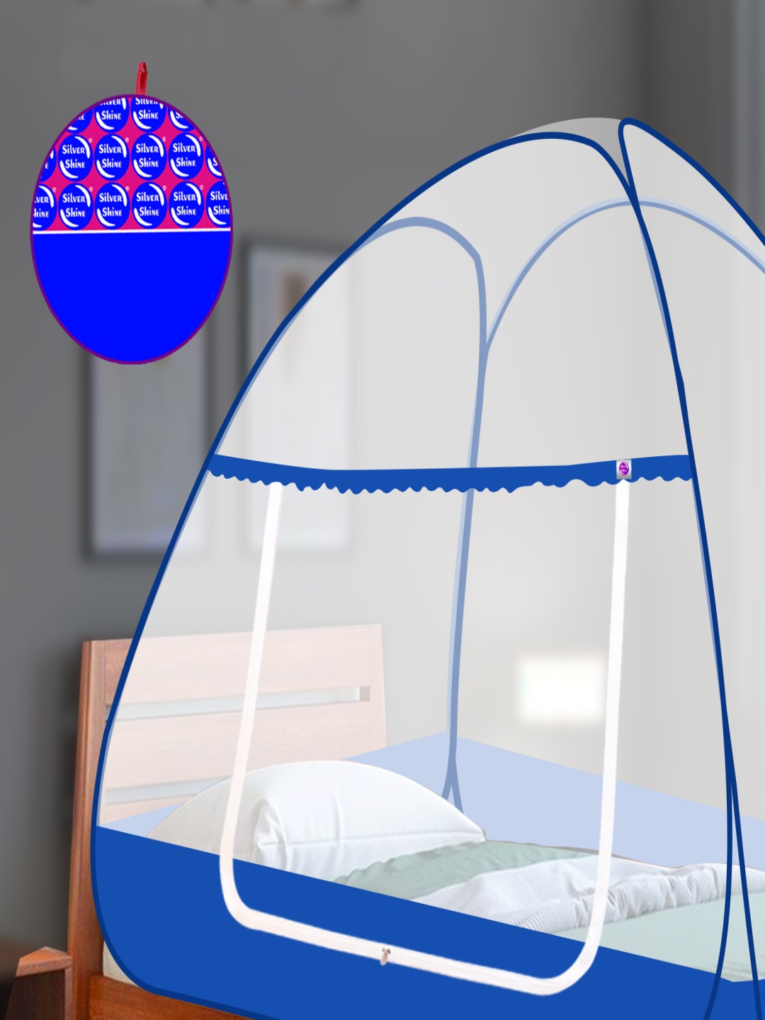 

Silver Shine Blue & White Single Bed Foldable Tent Mosquito Net