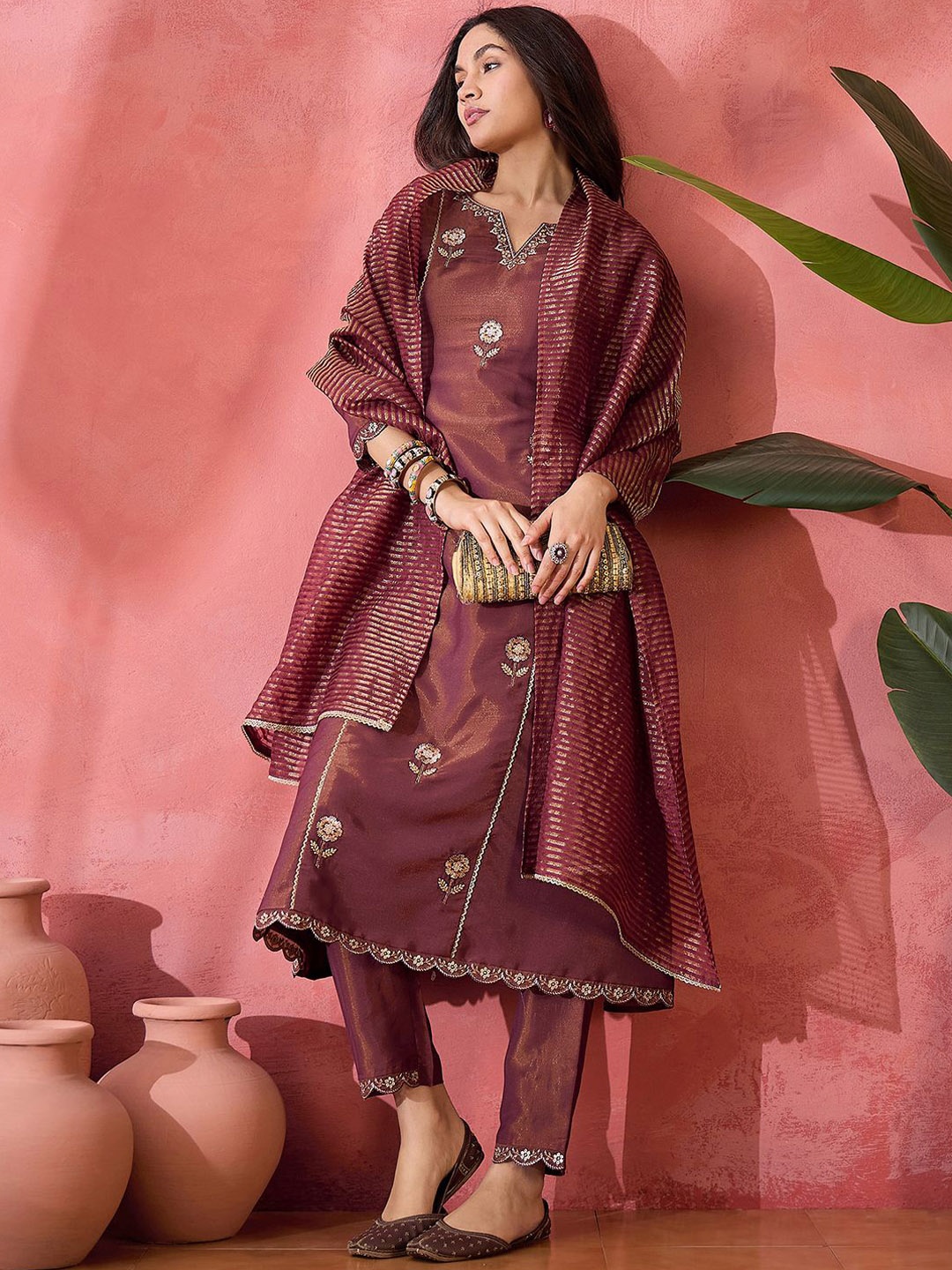 

Sangria Floral Embroidered Panelled Notch Neck A-Line Kurta With Trouser And Dupatta, Brown