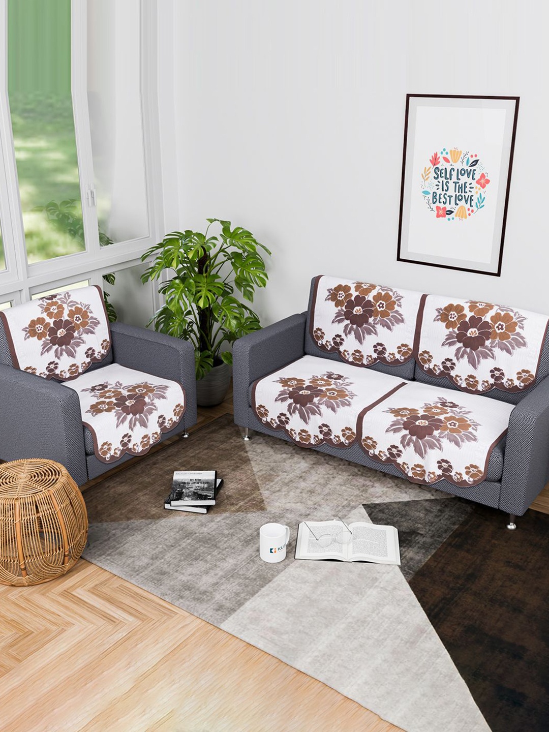 

Kuber Industries White & Brown 6 Pieces Floral Printed Cotton 3 Seater Sofa Covers