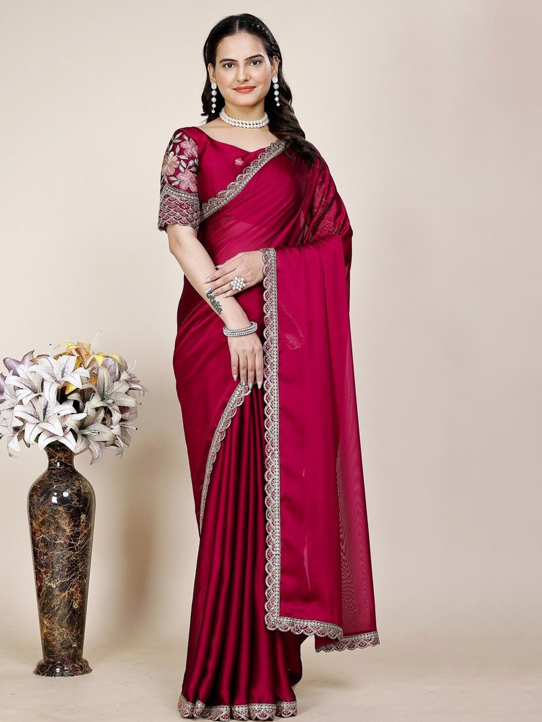 

K 5 Fashion Embroidered Pure Chiffon Saree, Maroon