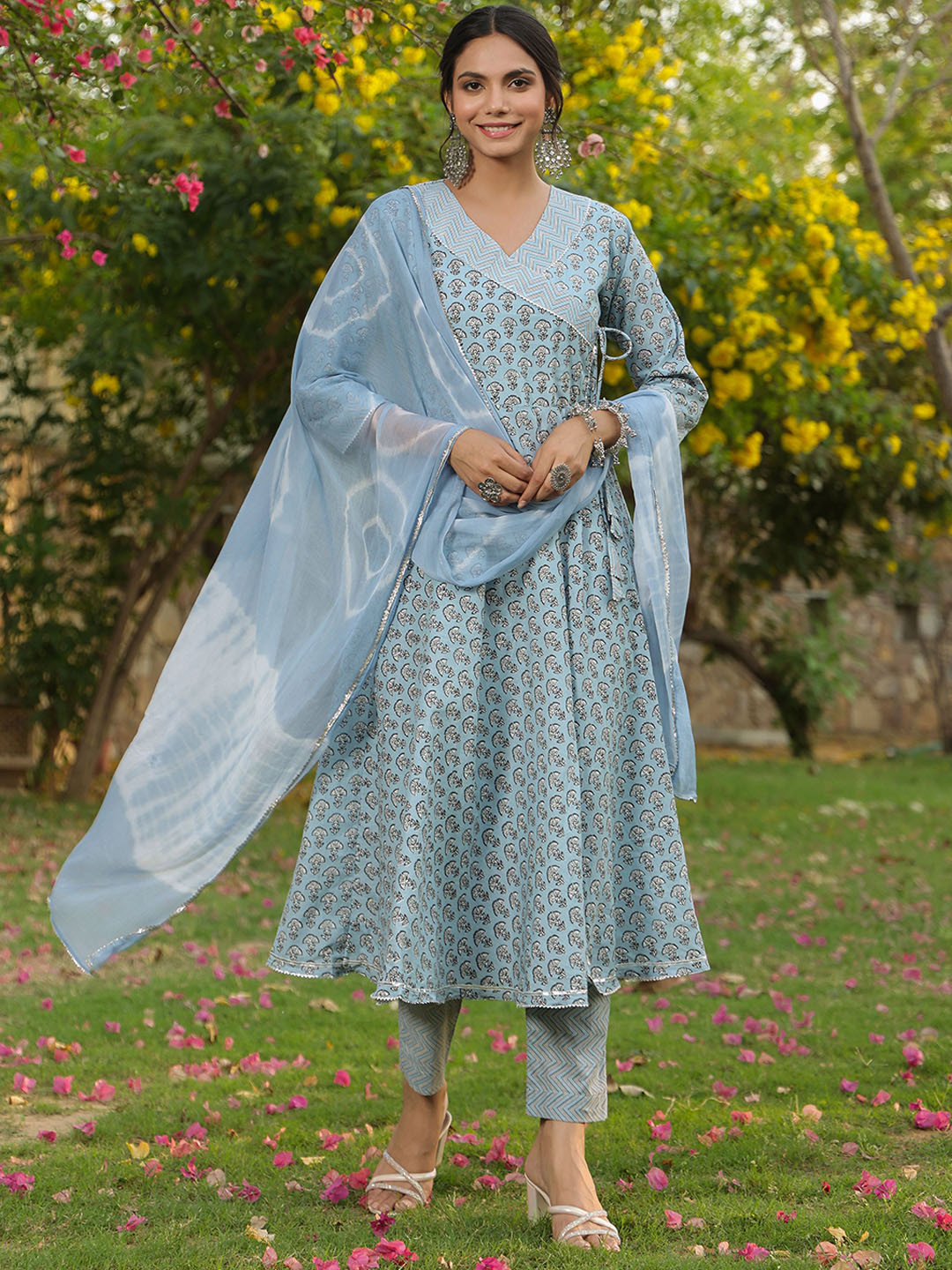 

KALINI Floral Printed Angrakha V-Neck Pure Cotton Anarkali Kurta With Trousers & Dupatta, Green