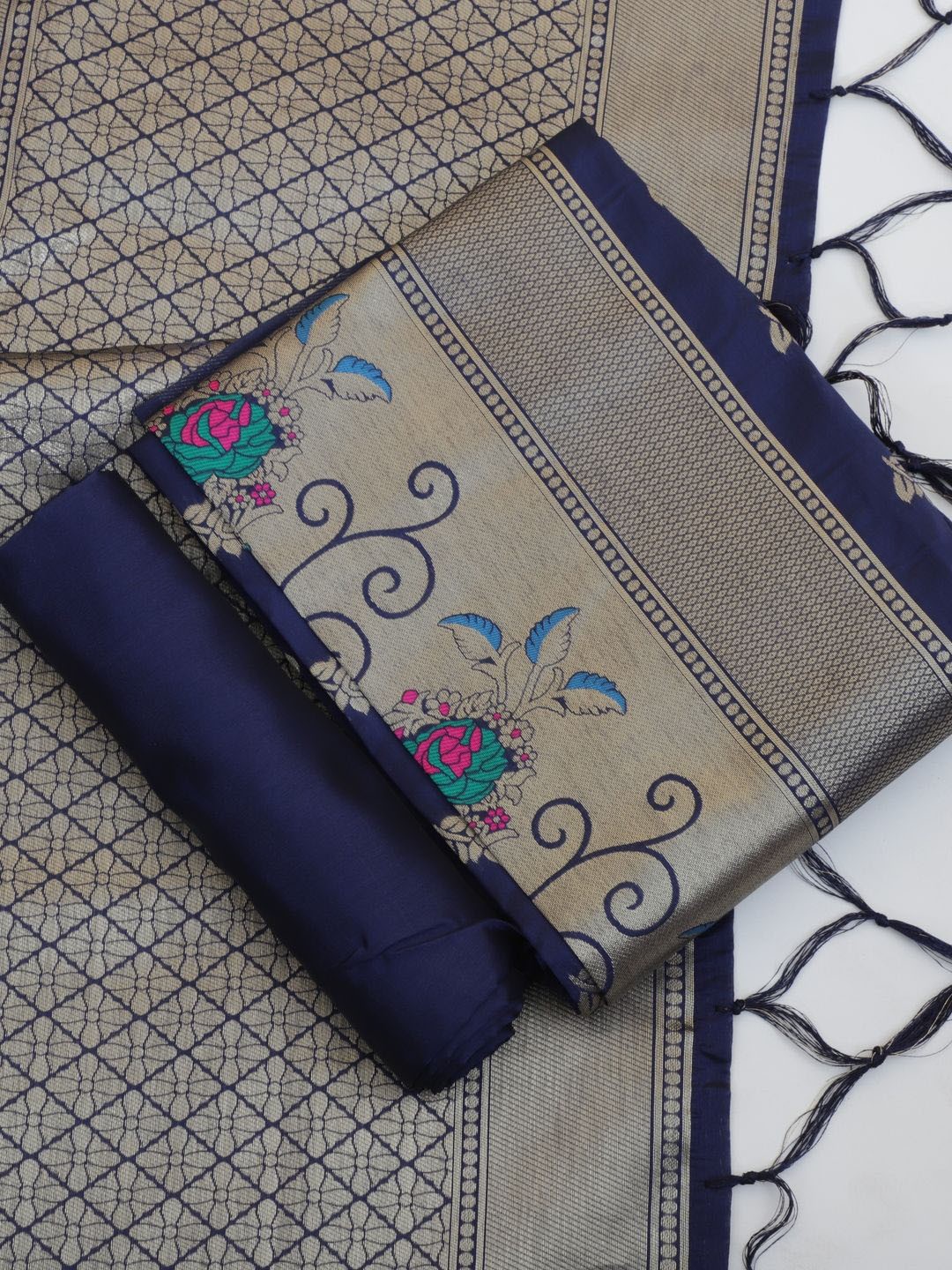 

Suha Floral Woven Design Unstitched Dress Material, Navy blue