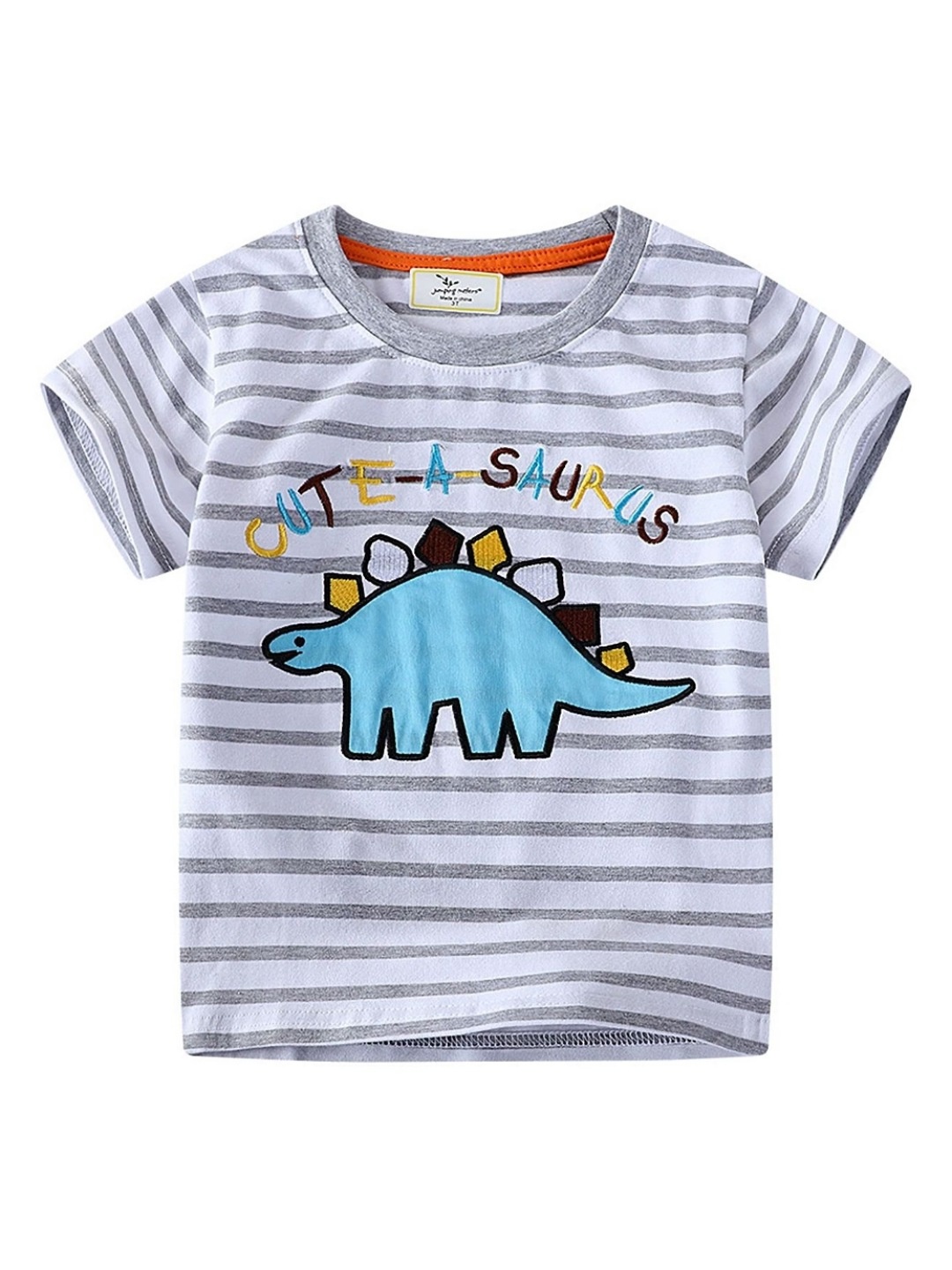 

LULU & SKY Boys Typography Striped Organic Cotton Applique T-shirt, Grey