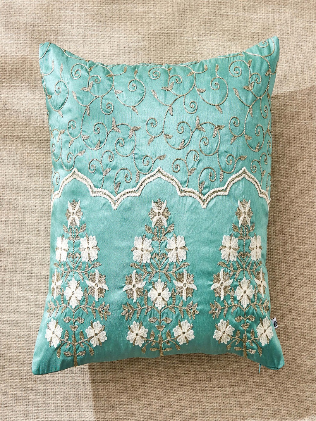 

Home Centre Velour Green 5 Pieces Floral Classical Embroidered Square Cushion Covers