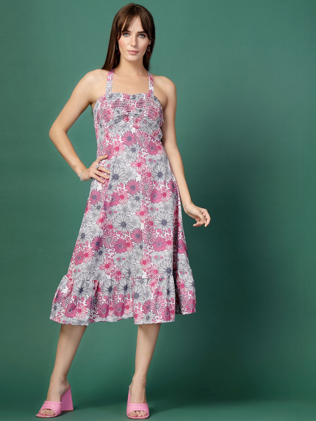 

DressBerry Floral Print Crepe A-Line Midi Dress, Pink