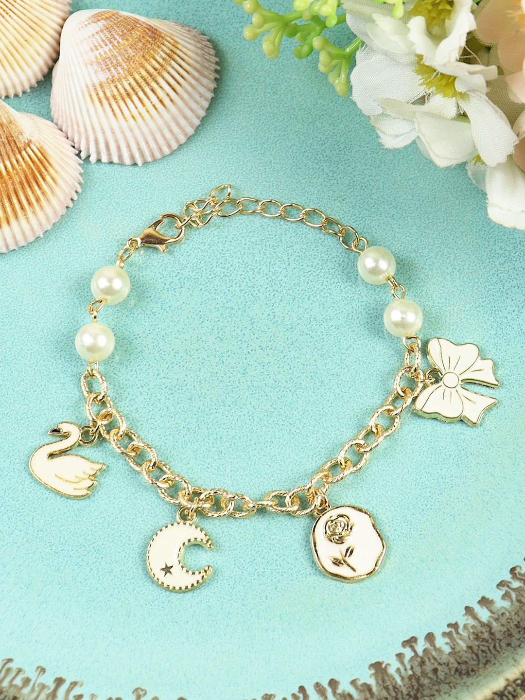 

Asthetika Girls Artificial Beaded Moon Swan Multi Charm Chain Bracelet, Gold