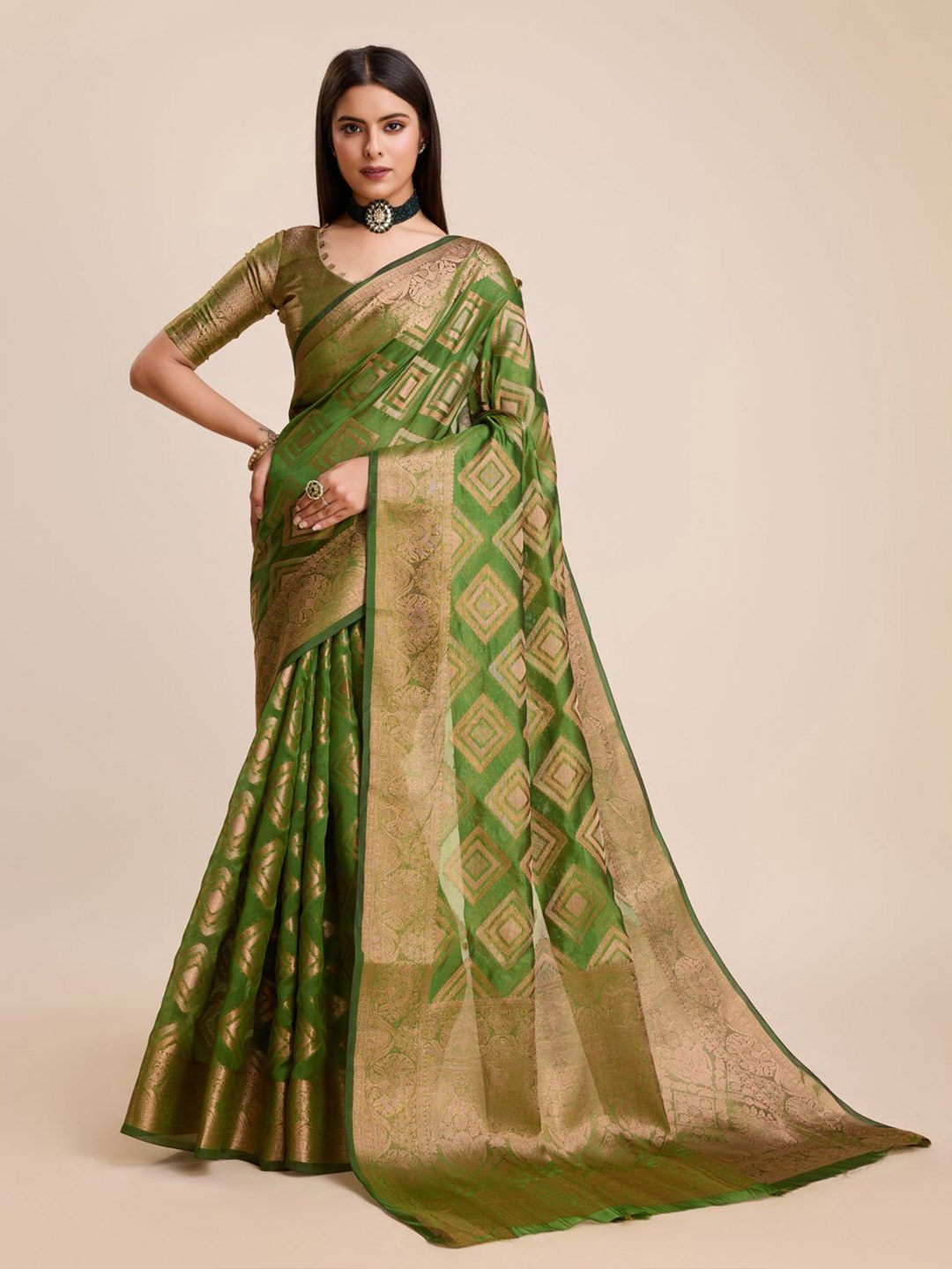 

SILKWEAR Ethnic Motifs Zari Organza Banarasi Saree, Olive