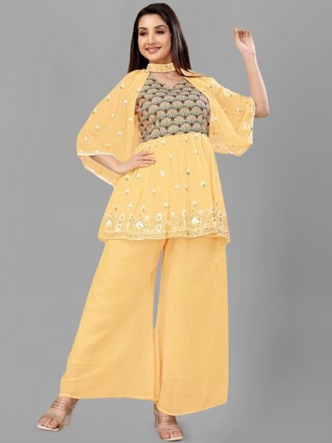 

PARROT CREATION Floral Embroidered Pleated Georgette A-Line Kurti with Palazzos & Cape, Yellow