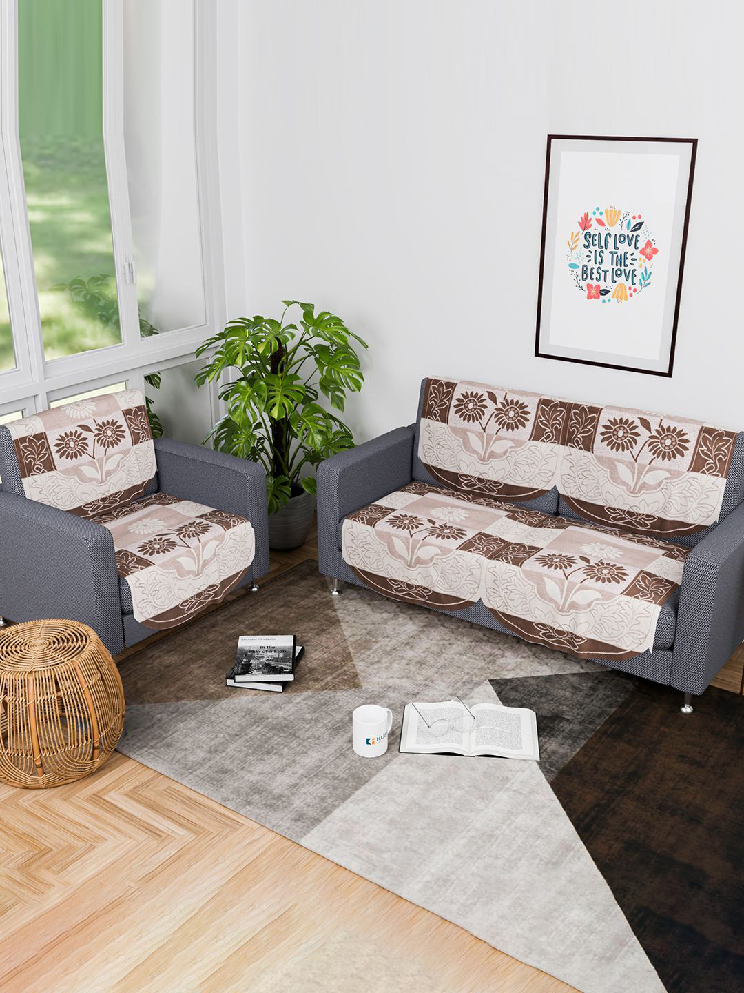 

Kuber Industries Brown & White 6 Pieces Floral Printed Cotton 3 Seater Sofa Covers