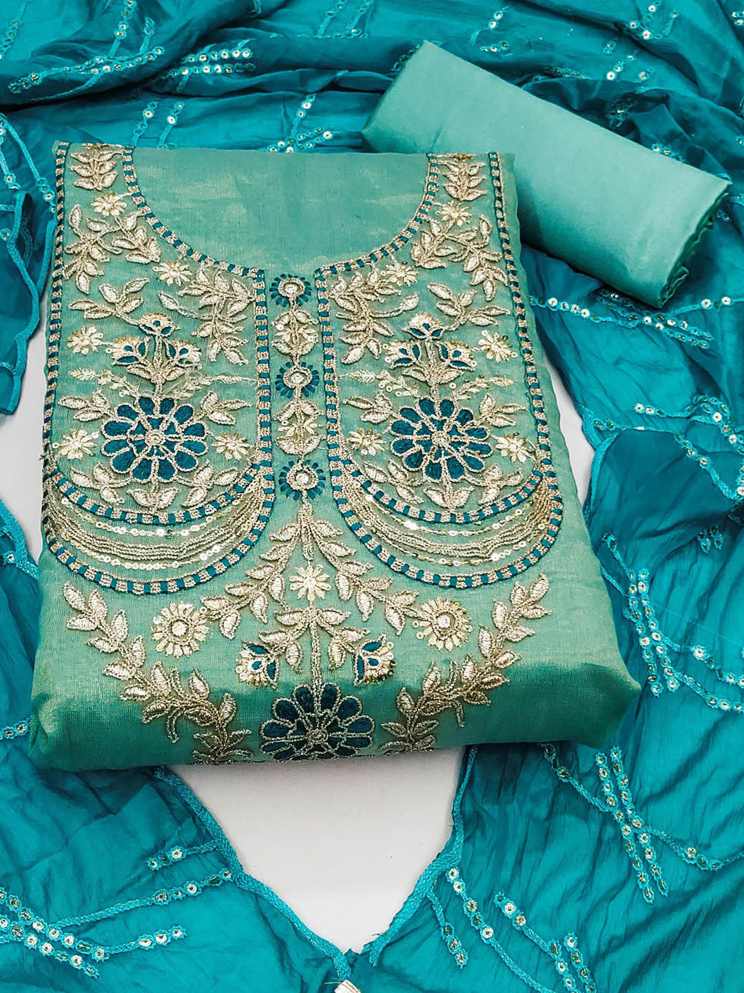 

SAINOOR Floral Embroidered Thread Work Organza Unstitched Dress Material, Sea green
