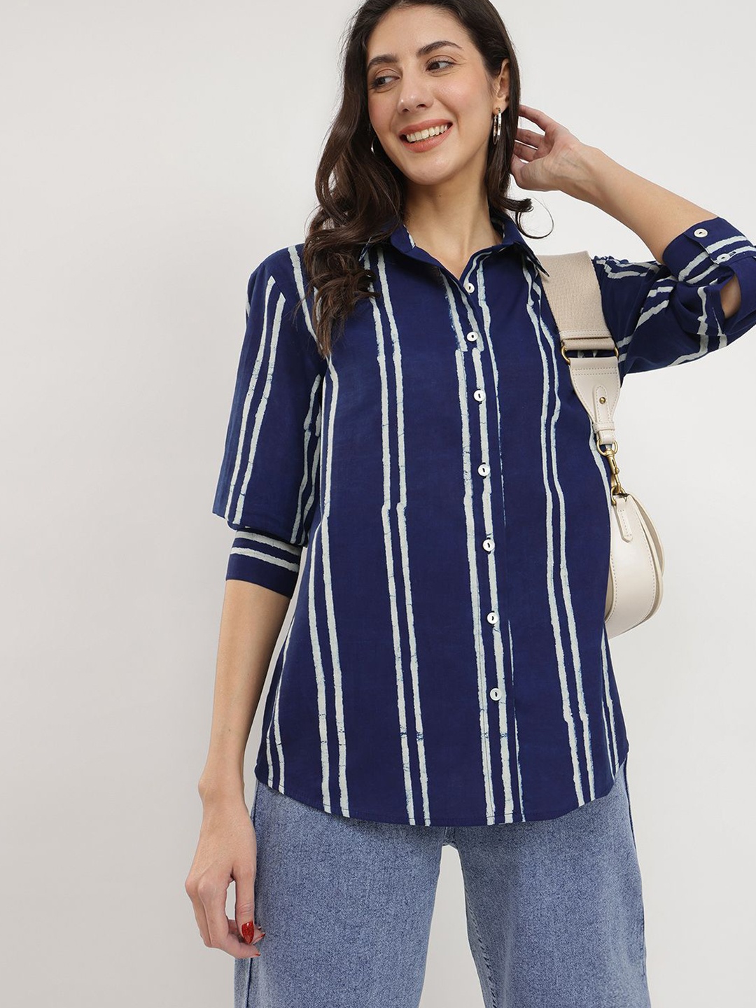 

Pink Fort Women Cotton Dabu Striped Shirt Indigo Tops, Navy blue