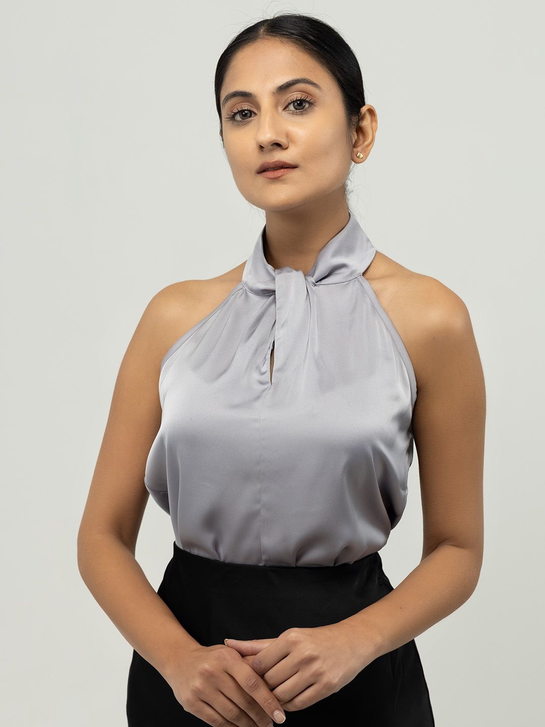 

Strong And Brave Halter Neck Twisted Satin Top, Grey