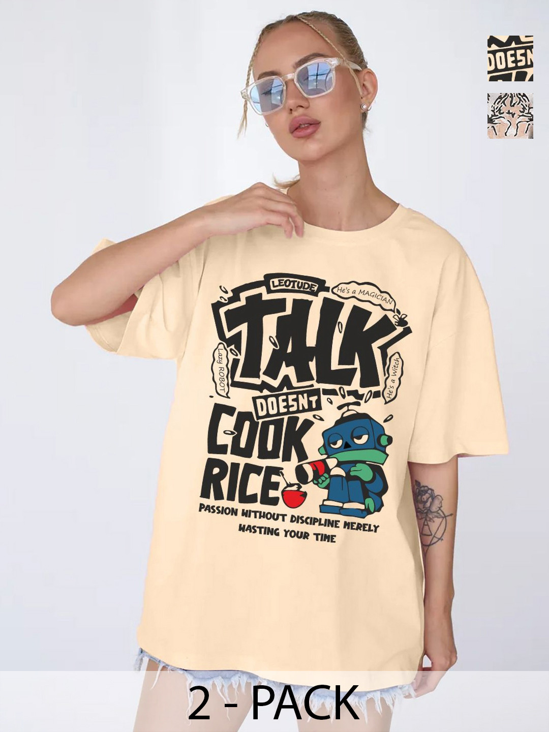 

Leotude Women Pack Of 2 Graphic Printed Round Neck Cotton Oversized T-shirts, Beige