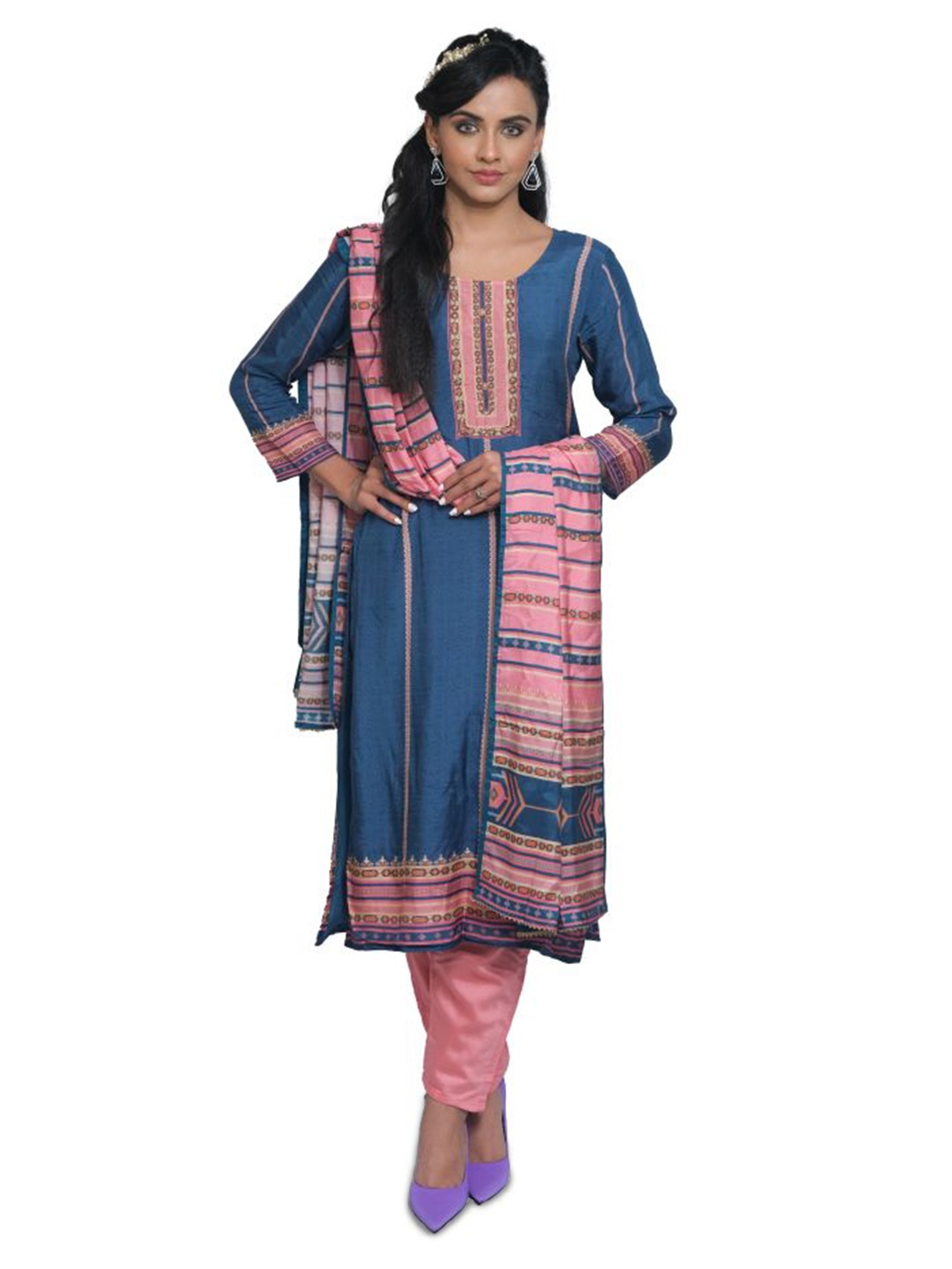 

URBAN KANYA Ethnic Motifs Print Chiffon A-Line Midi Dress, Blue