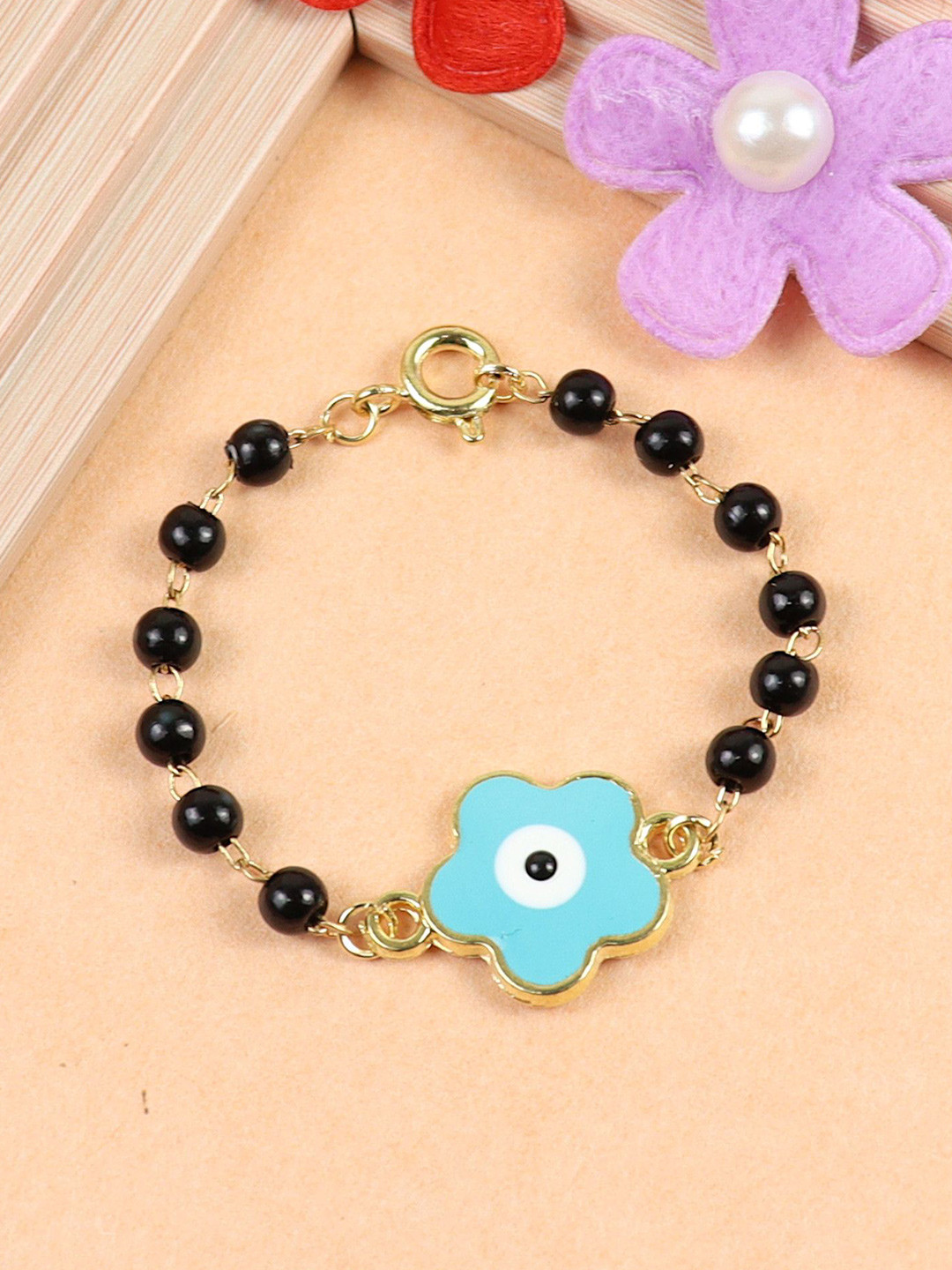 

Asthetika Girls Artificial Beaded Floral Evil Eye Charm Bracelet, Gold