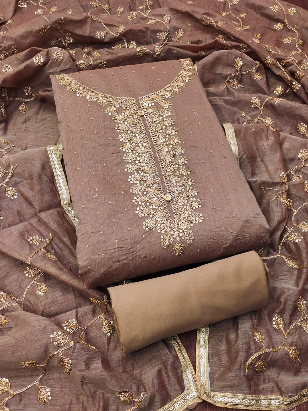 

RUDRAA FAB Embroidered Sequinned Chanderi Cotton Unstitched Dress Material, Brown