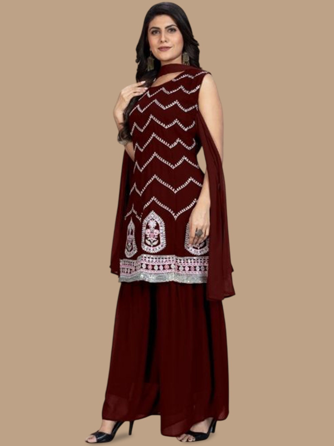 

PARROT CREATION Floral Embroidered Georgette Kurti With Sharara And Dupatta, Maroon