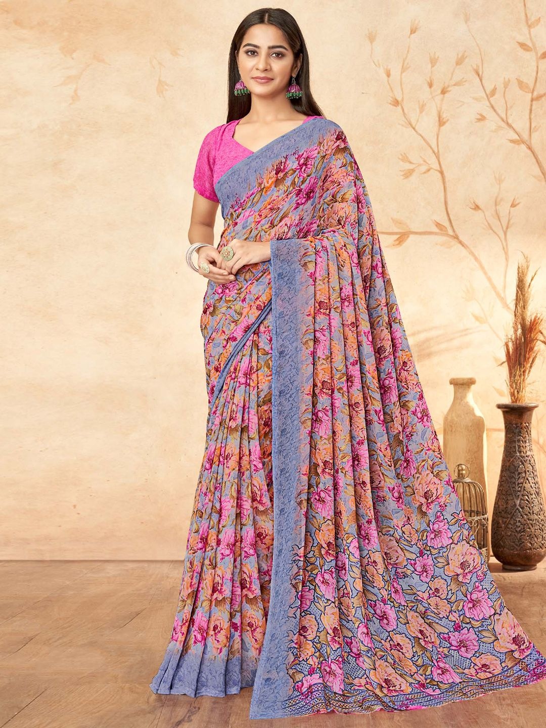 

Anouk Rustic Floral Poly Georgette Sungudi Saree, Lavender
