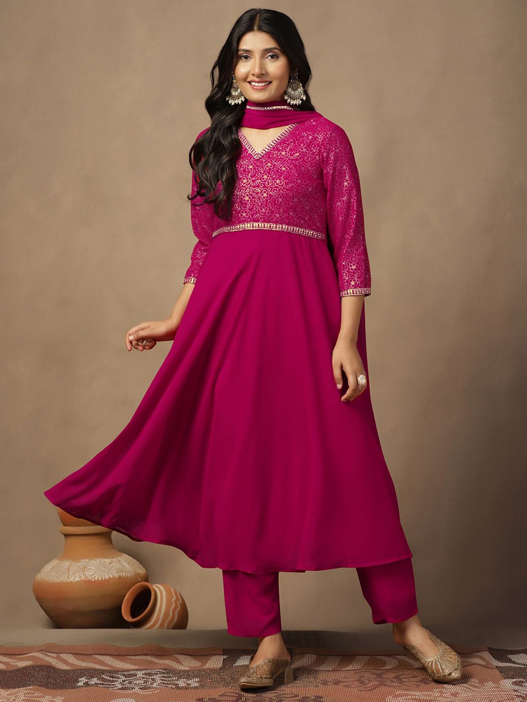 

Sangria Floral Yoke Design Empire V-Neck Georgette Anarkali Kurta With Trouser And Dupatta, Pink