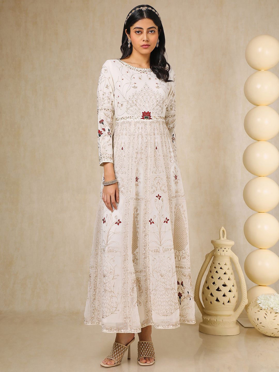 

Soch Embroidered Georgette Fit & Flare Maxi Dress, White