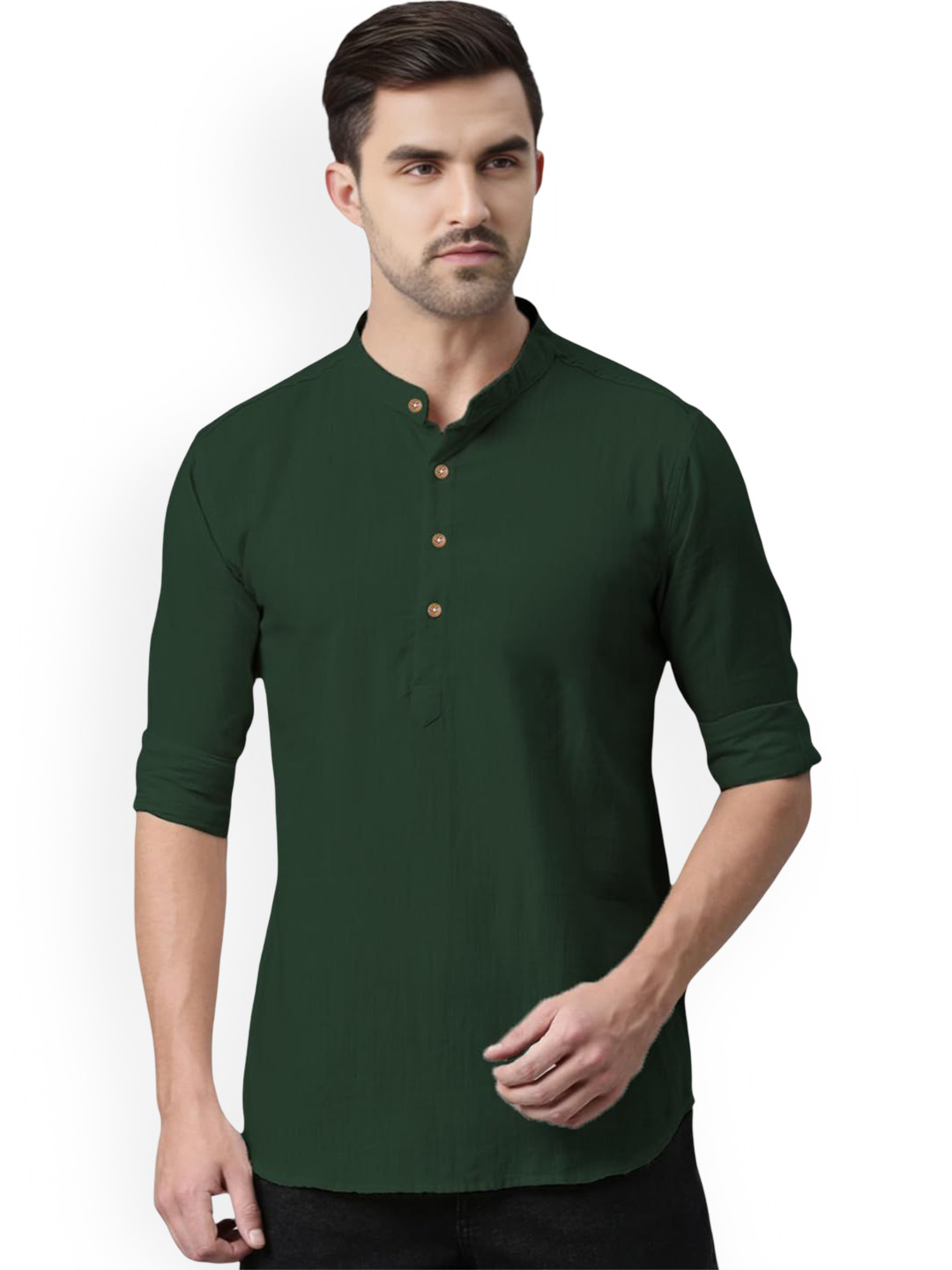 

Vida Loca Band Collar Rolled-Up Sleeves Pure Cotton Slim Fit Straight Short Kurta, Green