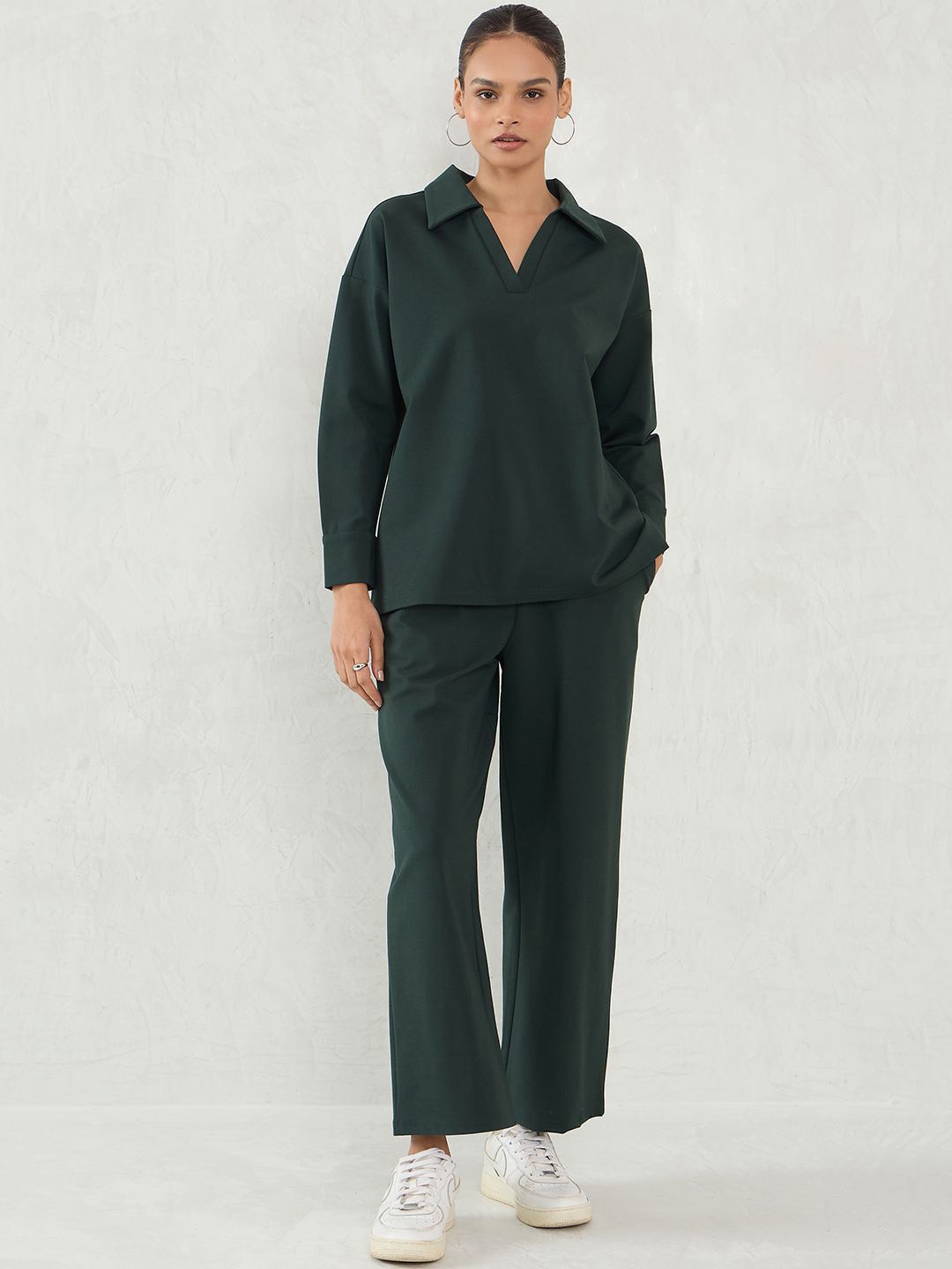 

FEMMELLA Shirt Collar Top With Trousers, Green